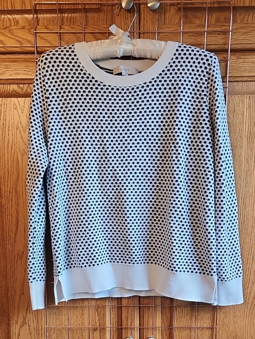 LOFT Cream Crewneck Sweater with Navy Dot Knit, Size L